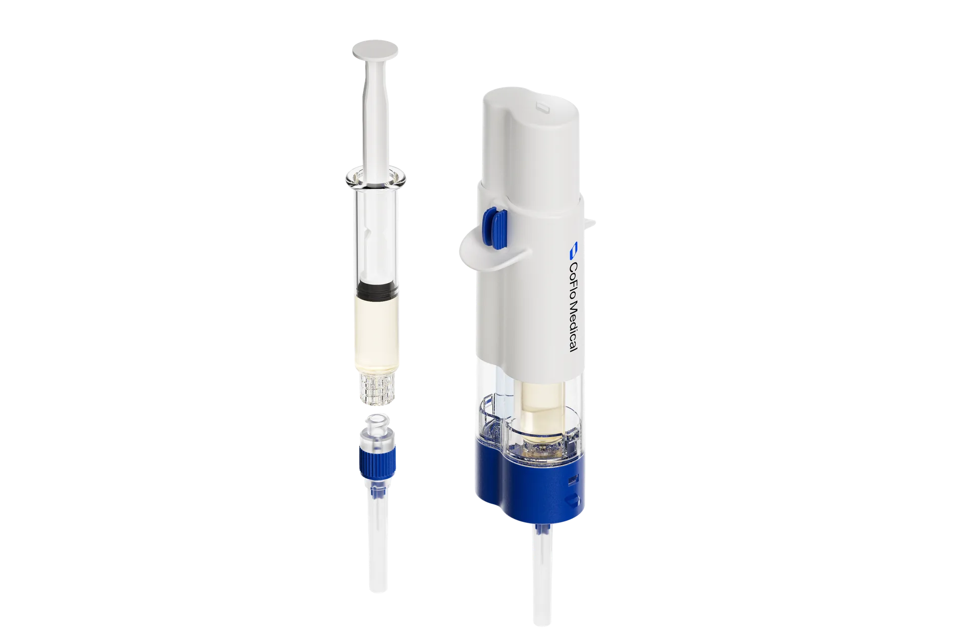 The CoFlo Gen One hub on a syringe beside the CoFlo double-barrel device with its CO-AXL hub